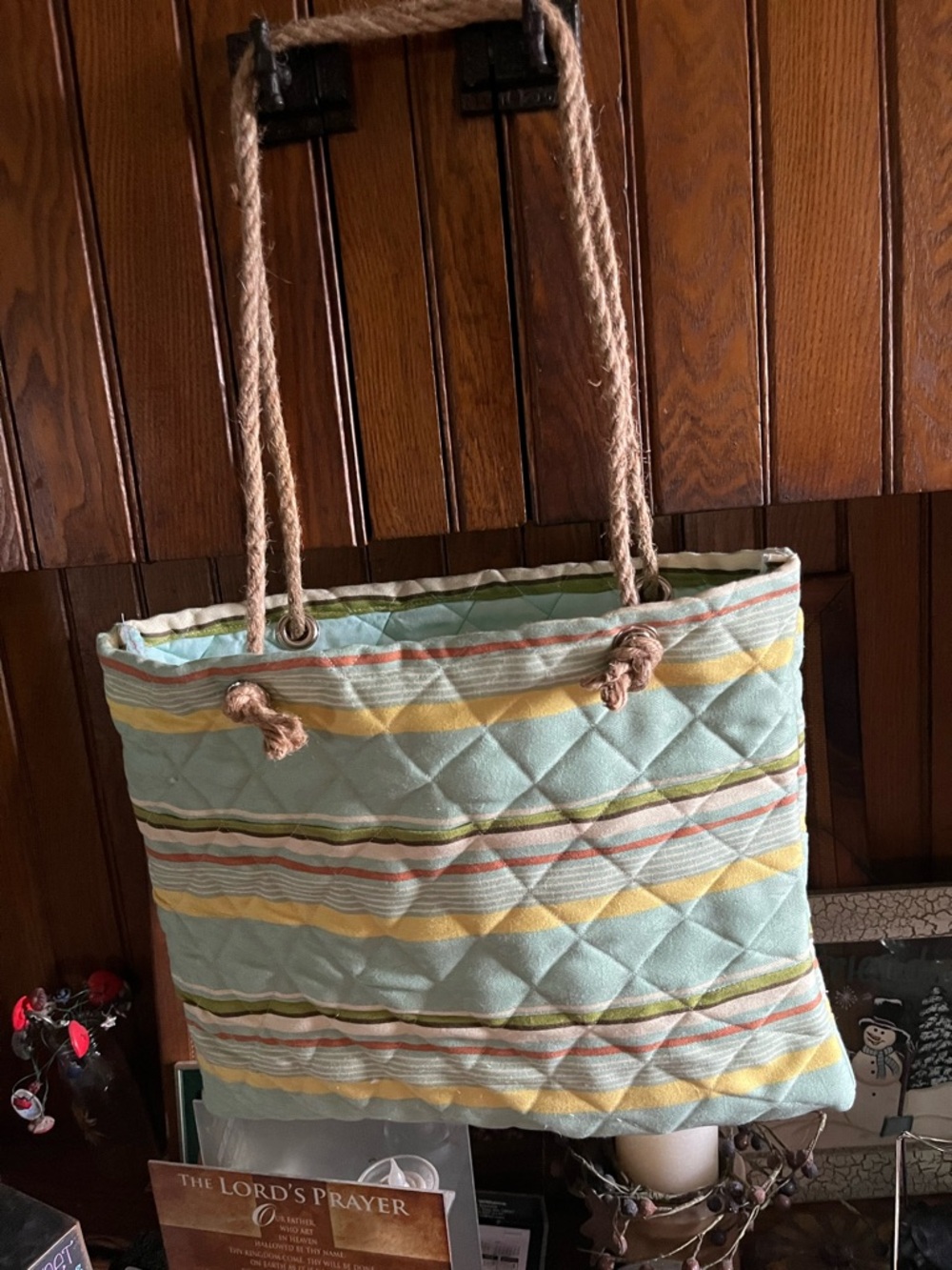 Quilted Rope-Handle Tote Bag in Mint and Yellow Stripes